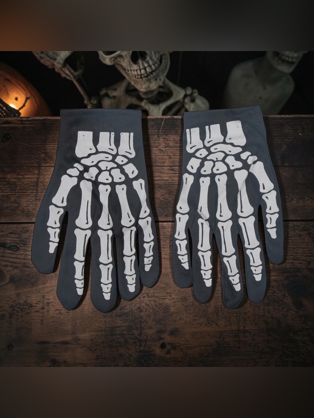 Halloween Skeleton Gloves Classic White Bones Black Costume Accessory Pair 💀